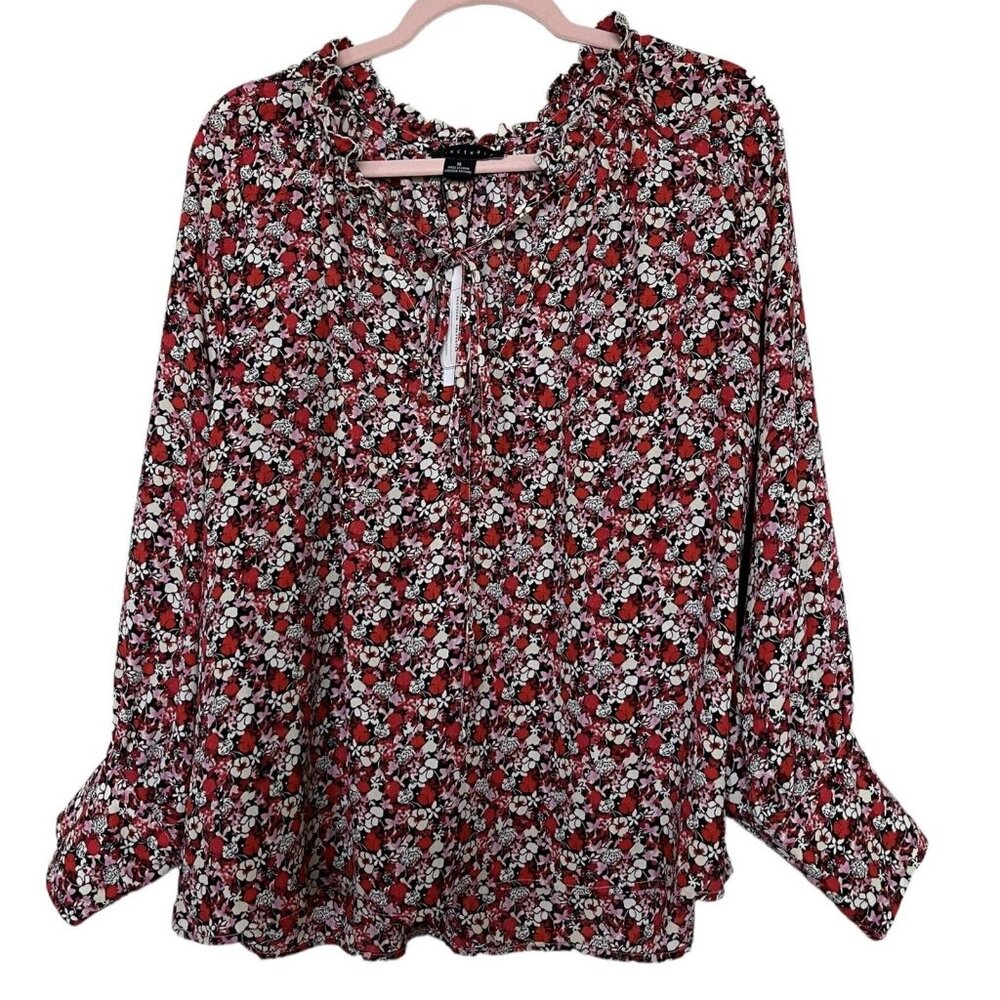 Sanctuary Blouse Womens Plus Size 1X Red Floral Ruffle Key Hole Long Sleeve